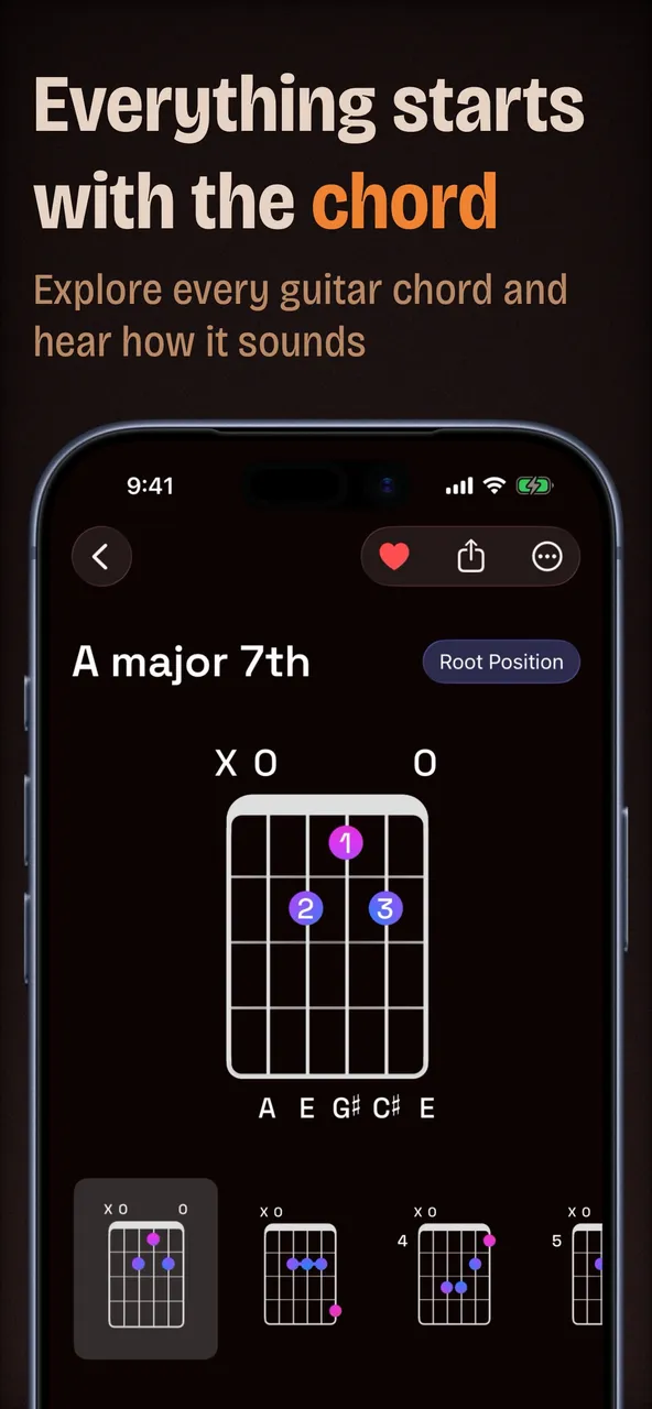 Chord diagram for A major 7th with fingering dots and alternate voicings on an iPhone