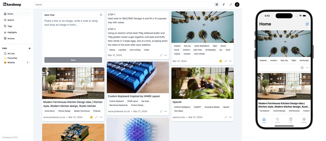 Karakeep web dashboard with a grid of saved links and images, beside the same library on an iPhone
