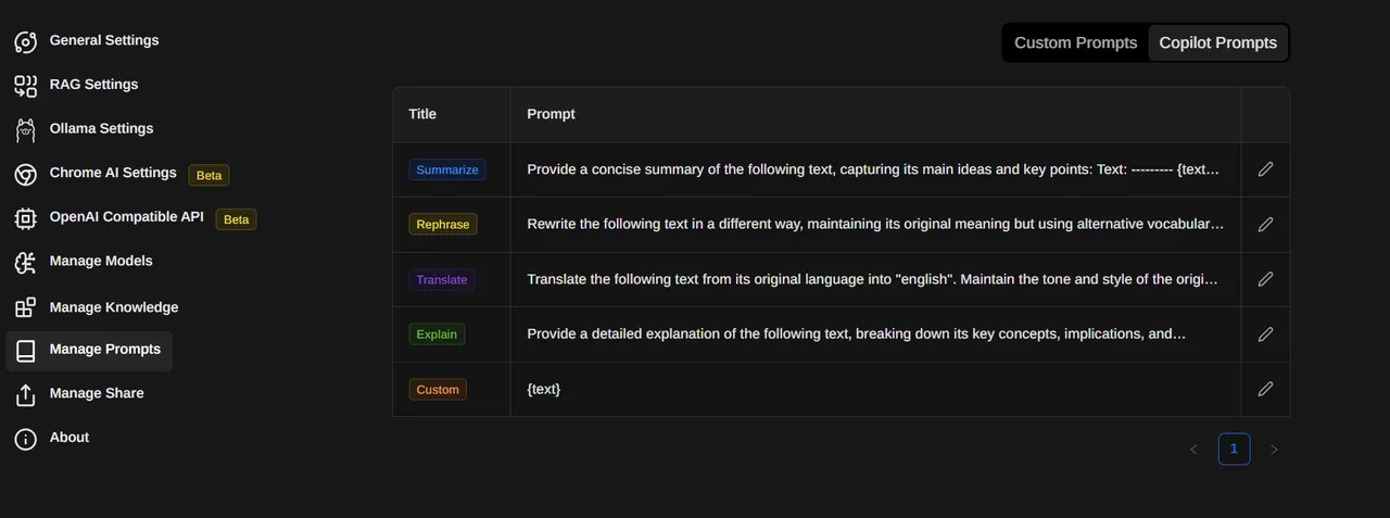 Page Assist settings listing copilot prompts for summarising, rephrasing, translating and explaining text