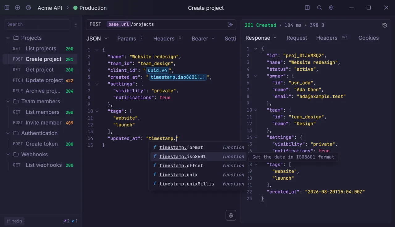 Yaak in dark mode editing a POST 'Create project' request with a JSON body and a 201 Created response